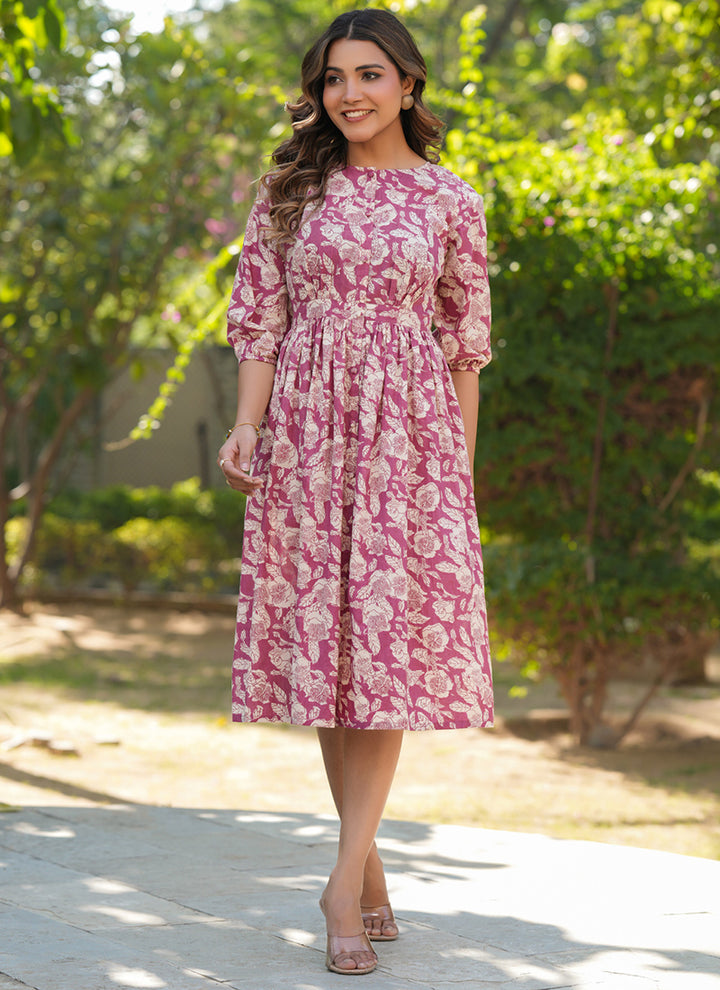 Mauve Cotton Floral Printed Outwear Midi Dress