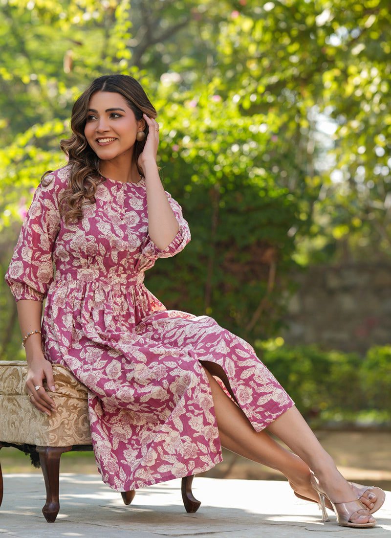 Mauve Cotton Floral Printed Outwear Midi Dress