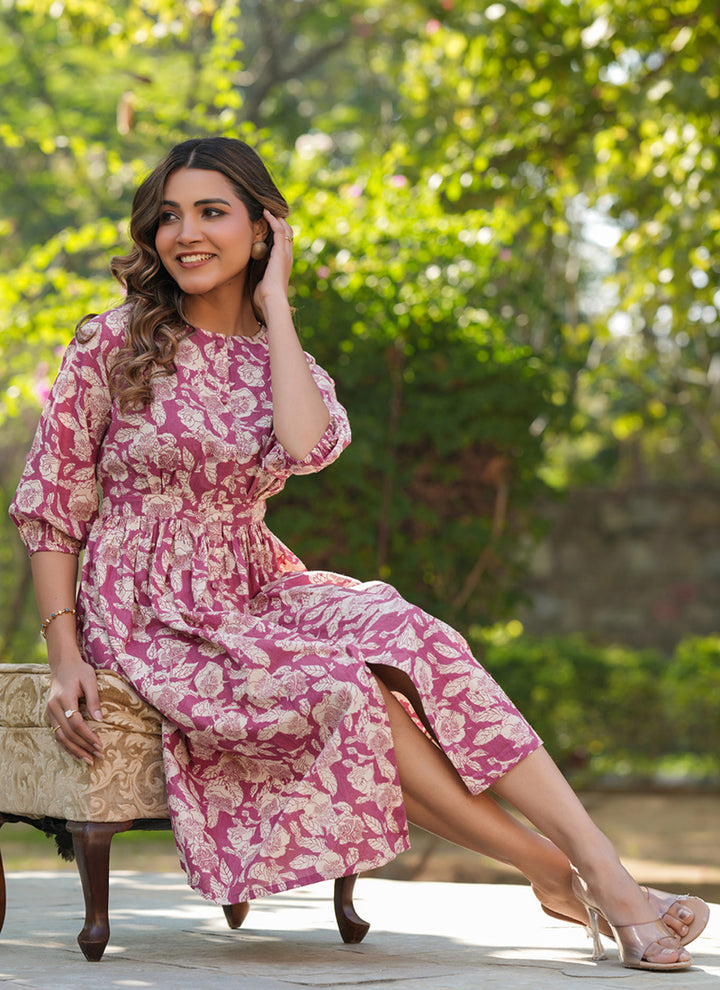 Mauve Cotton Floral Printed Outwear Midi Dress