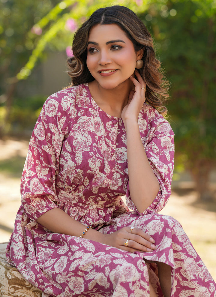 Mauve Cotton Floral Printed Outwear Midi Dress