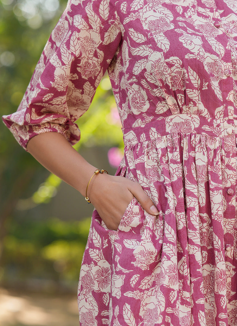 Mauve Cotton Floral Printed Outwear Midi Dress