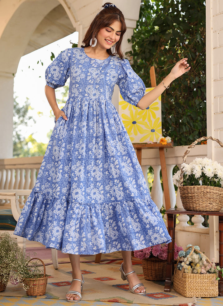 Blue Cotton Floral Printed Flared Midi Dress