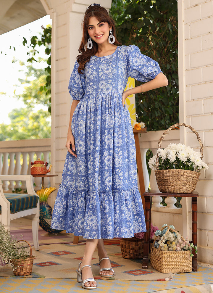 Blue Cotton Floral Printed Flared Midi Dress