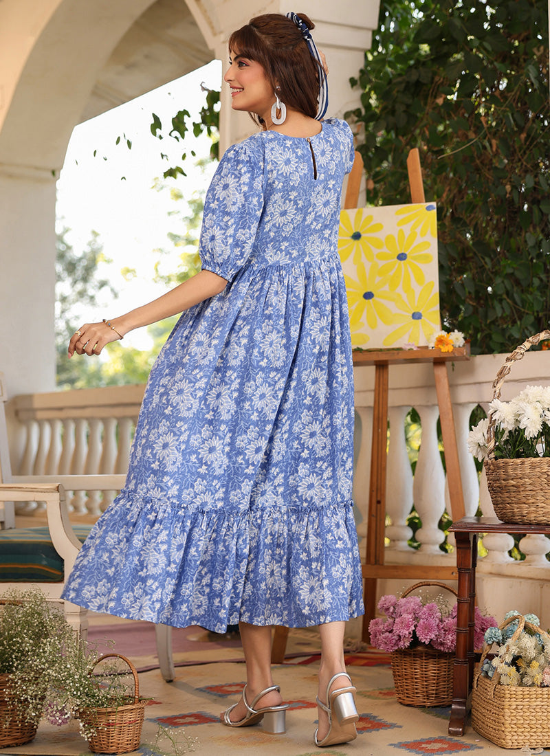 Blue Cotton Floral Printed Flared Midi Dress