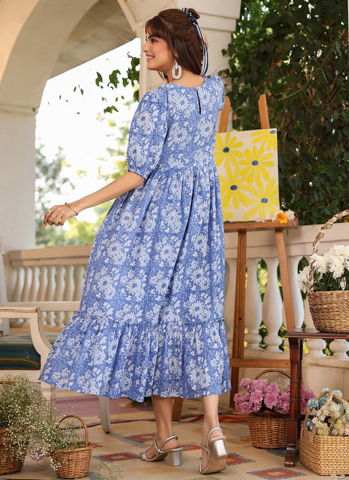 Blue Cotton Floral Printed Flared Midi Dress