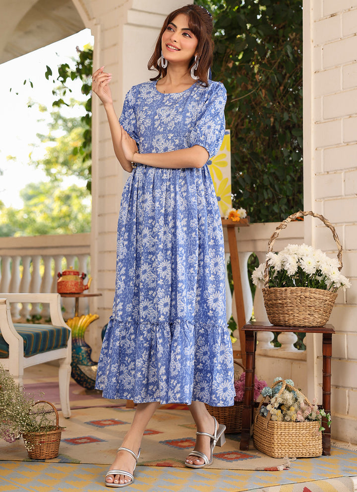 Blue Cotton Floral Printed Flared Midi Dress
