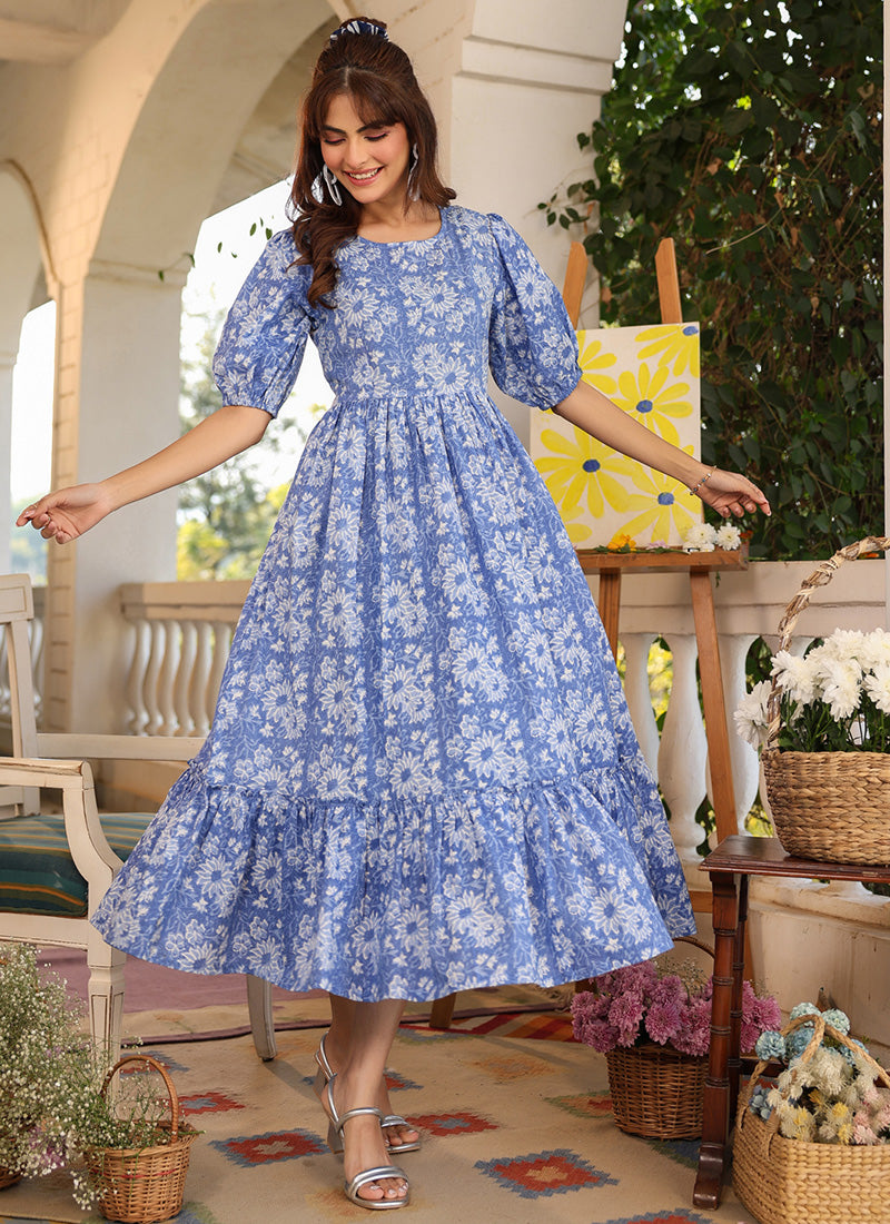 Blue Cotton Floral Printed Flared Midi Dress