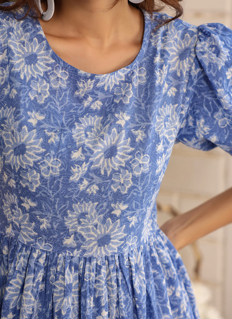 Blue Cotton Floral Printed Flared Midi Dress