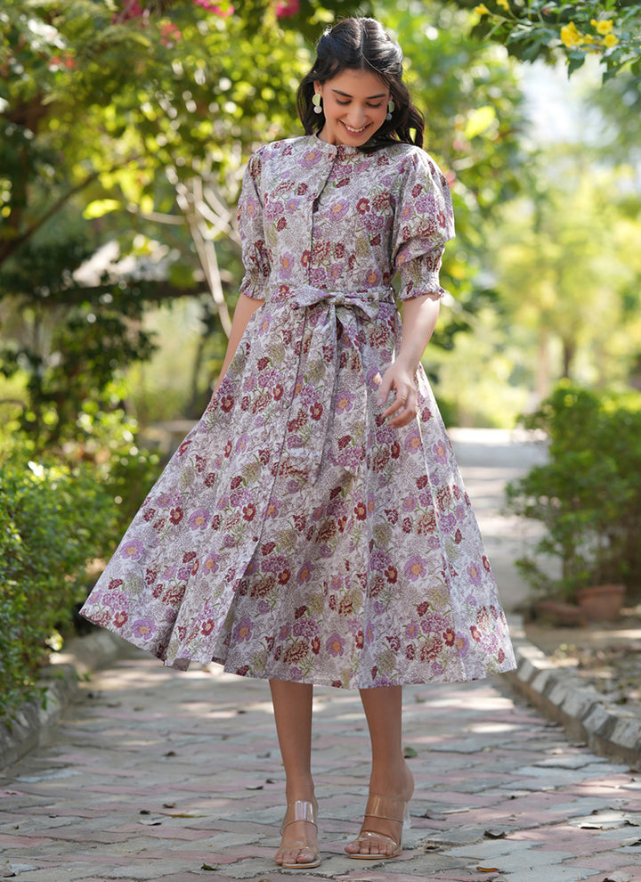 Light Grey Cotton Floral Printed Outwear Midi Dress