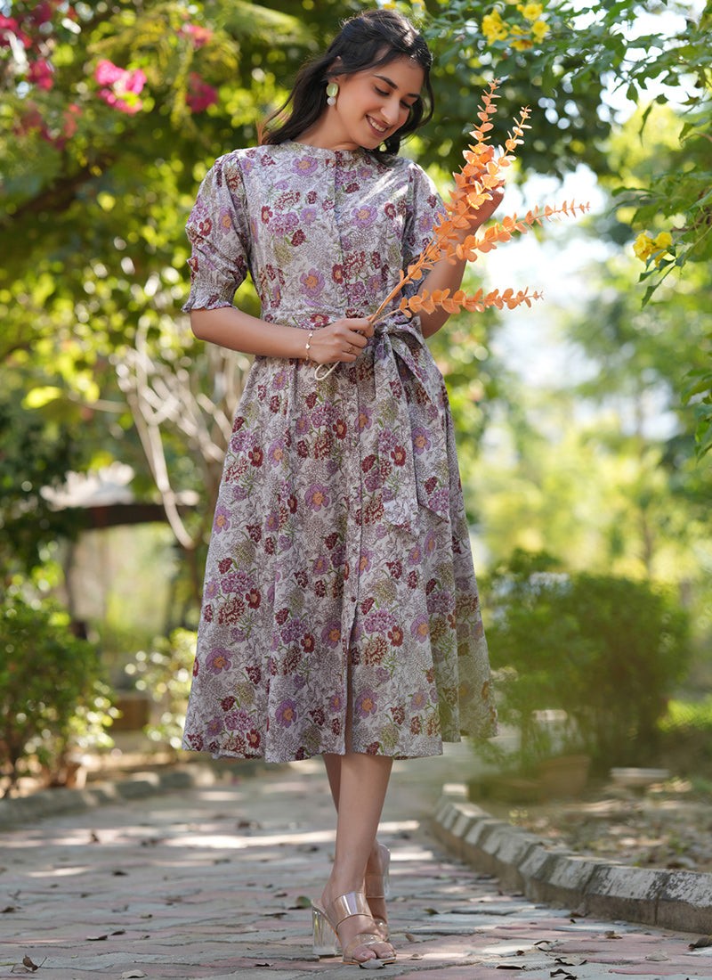 Light Grey Cotton Floral Printed Outwear Midi Dress