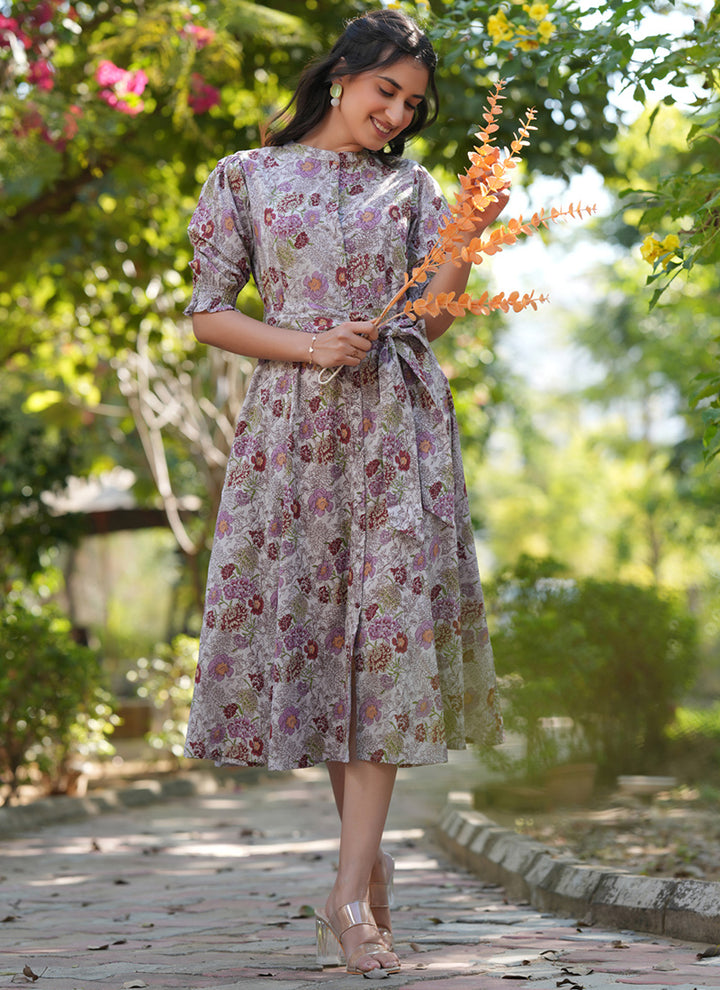 Light Grey Cotton Floral Printed Outwear Midi Dress
