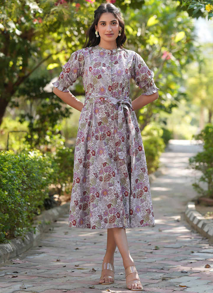 Light Grey Cotton Floral Printed Outwear Midi Dress