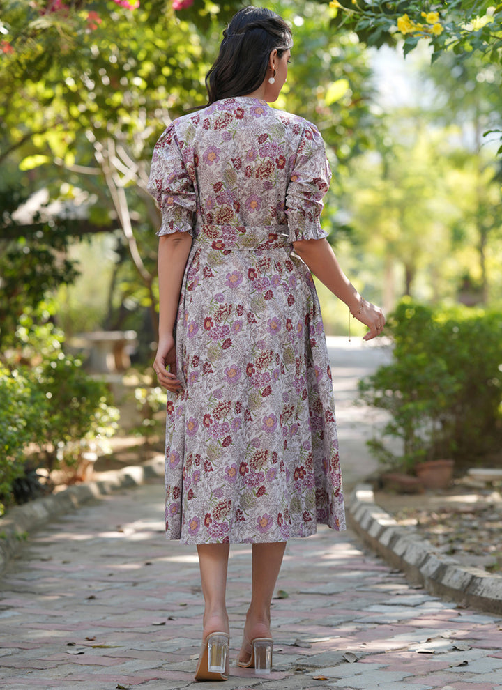 Light Grey Cotton Floral Printed Outwear Midi Dress