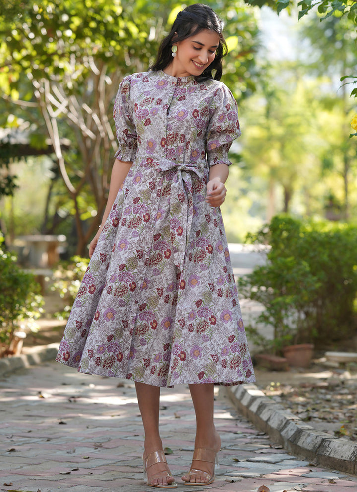 Light Grey Cotton Floral Printed Outwear Midi Dress