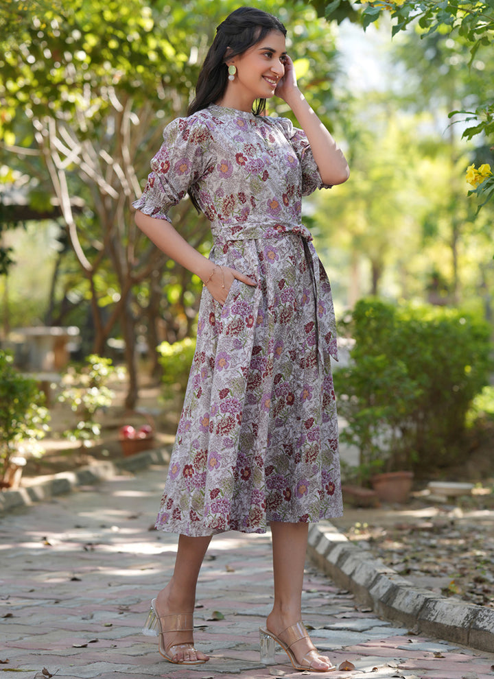 Light Grey Cotton Floral Printed Outwear Midi Dress