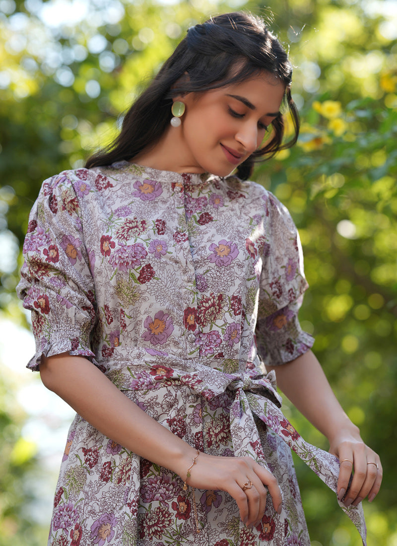 Light Grey Cotton Floral Printed Outwear Midi Dress