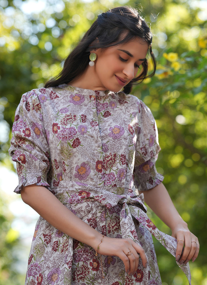 Light Grey Cotton Floral Printed Outwear Midi Dress