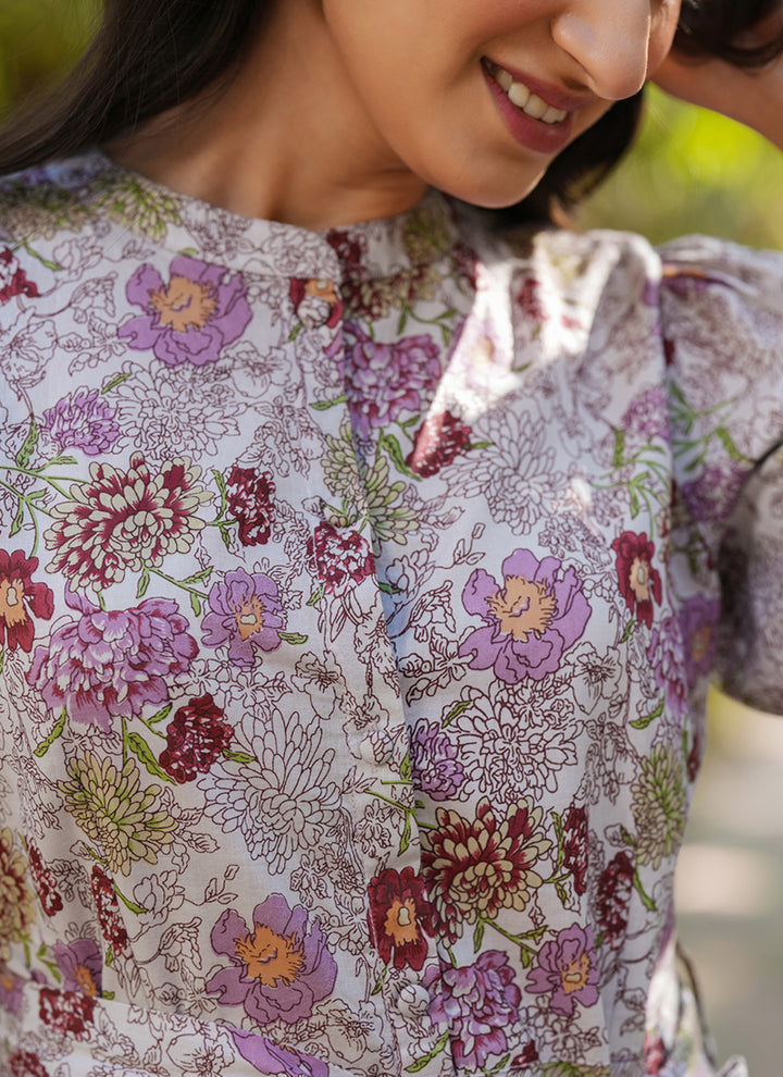 Light Grey Cotton Floral Printed Outwear Midi Dress