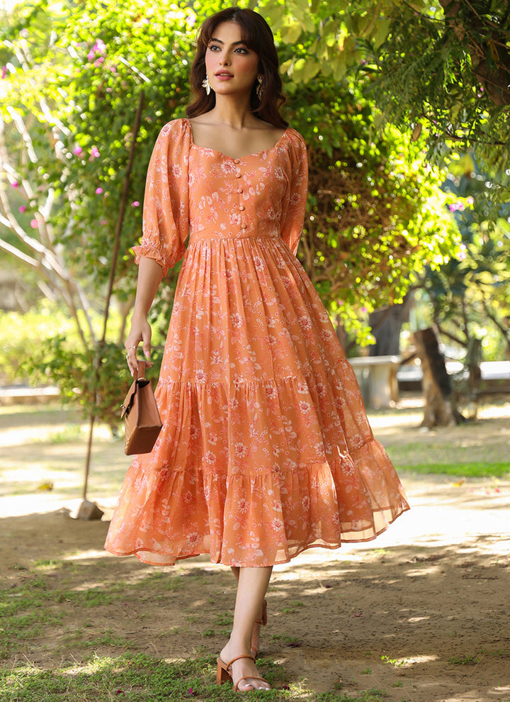 Orange Georgette Floral Printed Midi Dress