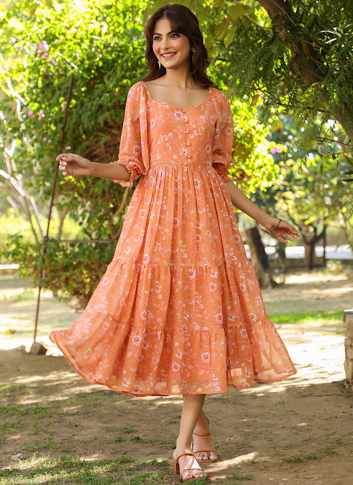 Orange Georgette Floral Printed Midi Dress