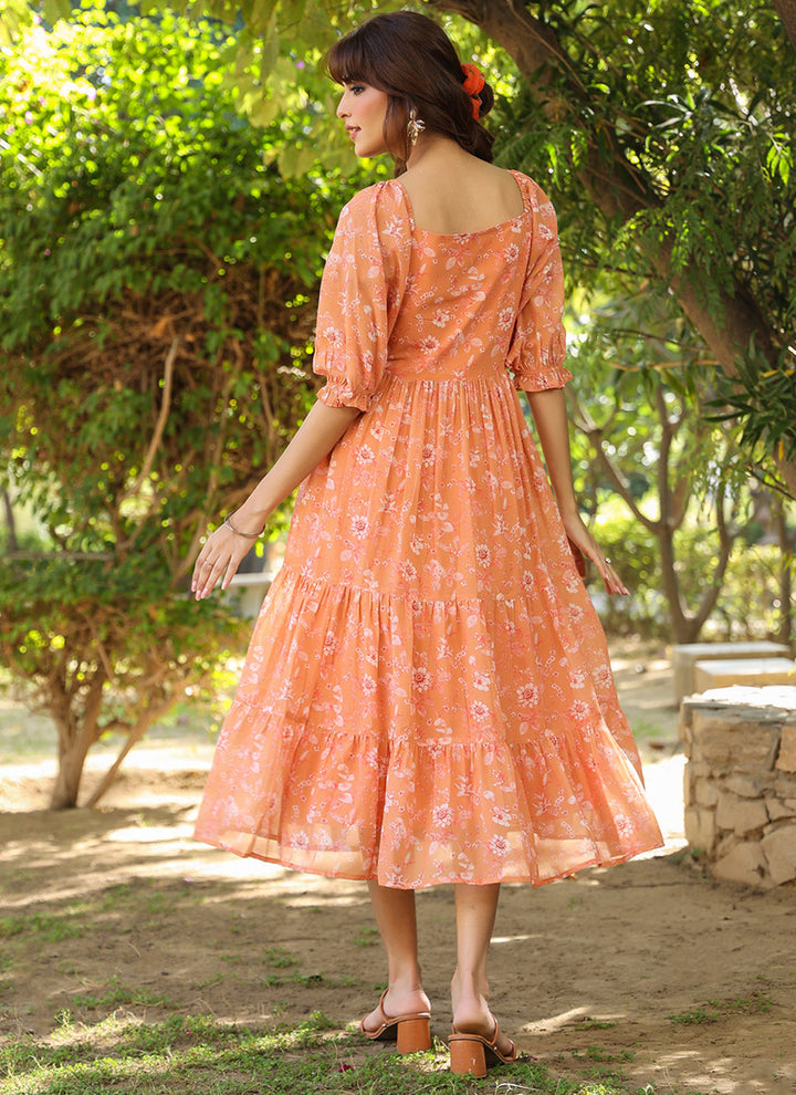 Orange Georgette Floral Printed Midi Dress