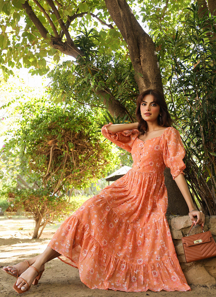 Orange Georgette Floral Printed Midi Dress