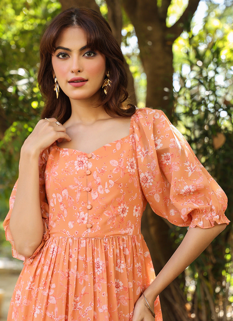 Orange Georgette Floral Printed Midi Dress