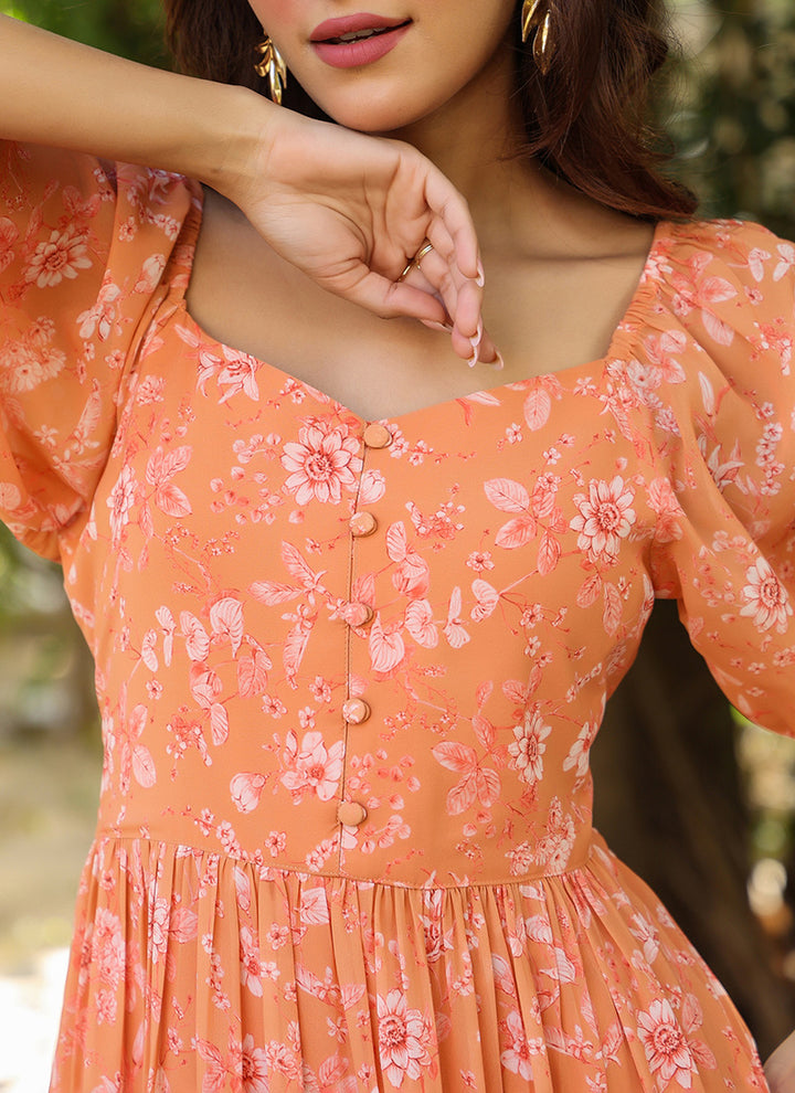 Orange Georgette Floral Printed Midi Dress