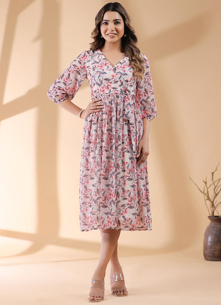 Cream Georgette Floral Printed Casual Wear Midi Dress
