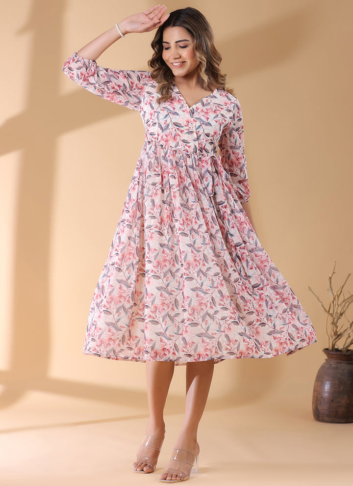 Cream Georgette Floral Printed Casual Wear Midi Dress