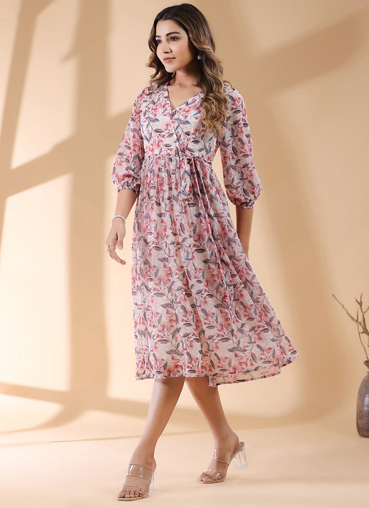 Cream Georgette Floral Printed Casual Wear Midi Dress