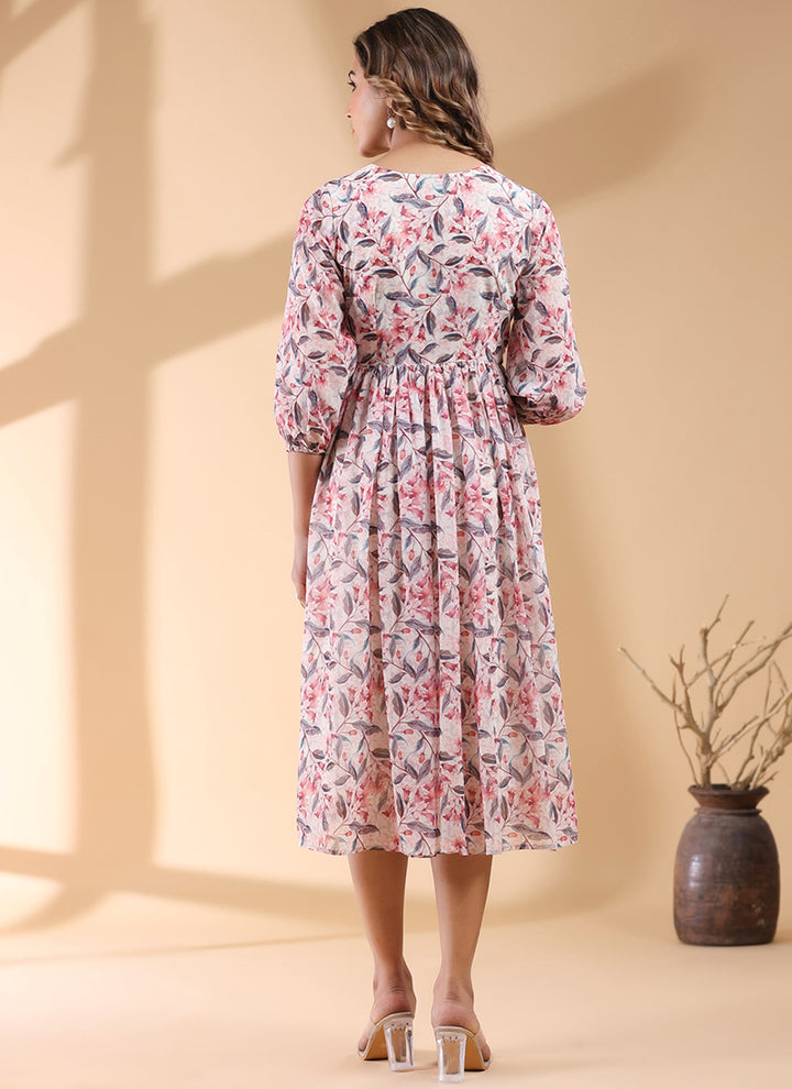 Cream Georgette Floral Printed Casual Wear Midi Dress