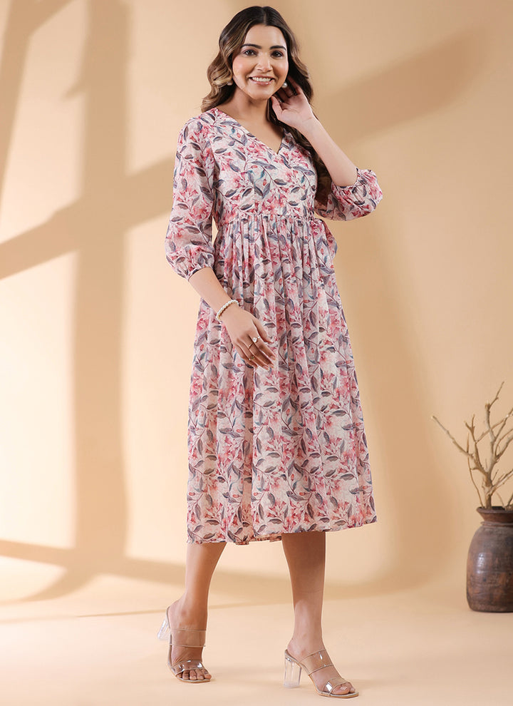 Cream Georgette Floral Printed Casual Wear Midi Dress
