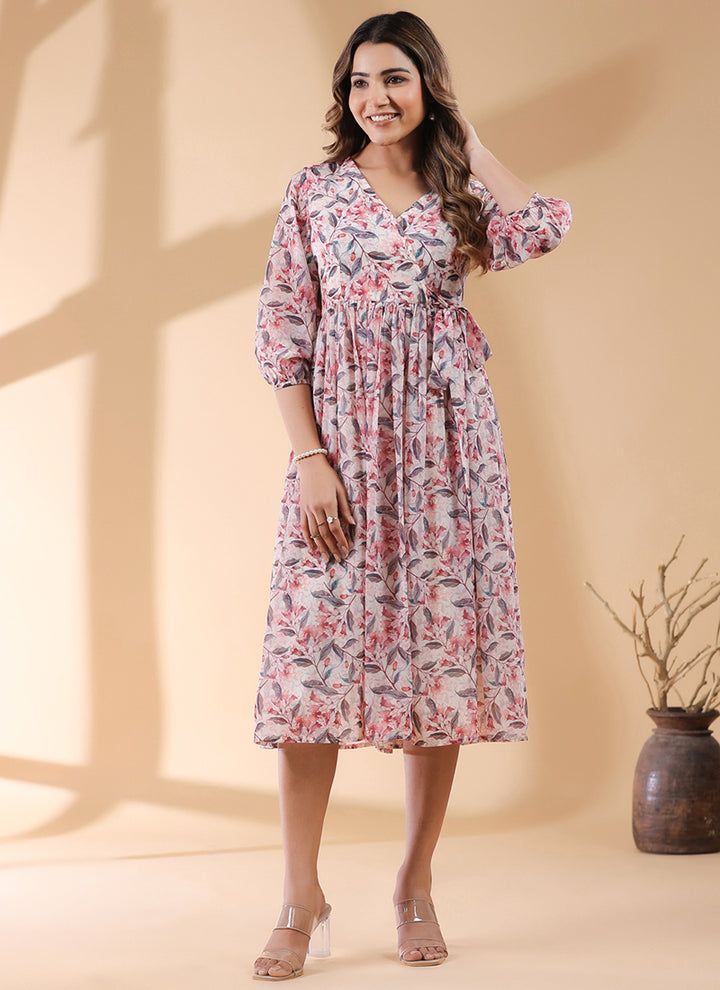Cream Georgette Floral Printed Casual Wear Midi Dress
