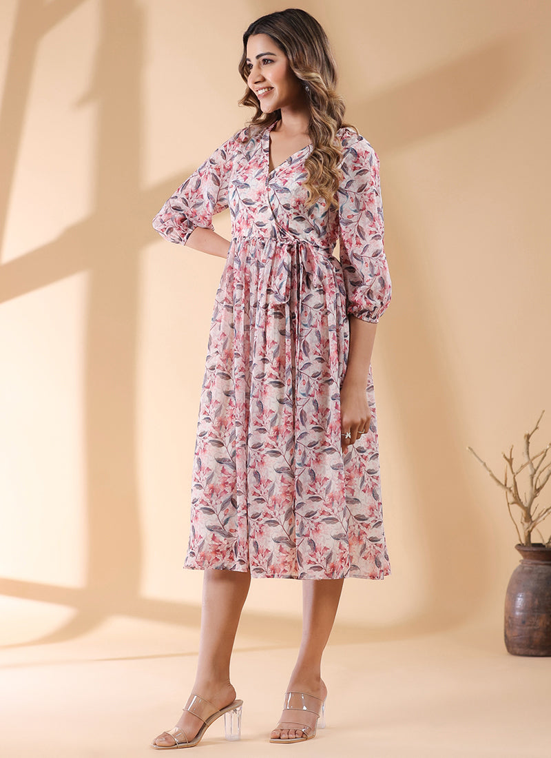 Cream Georgette Floral Printed Casual Wear Midi Dress