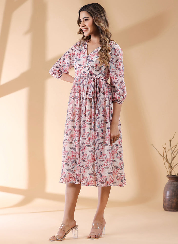 Cream Georgette Floral Printed Casual Wear Midi Dress