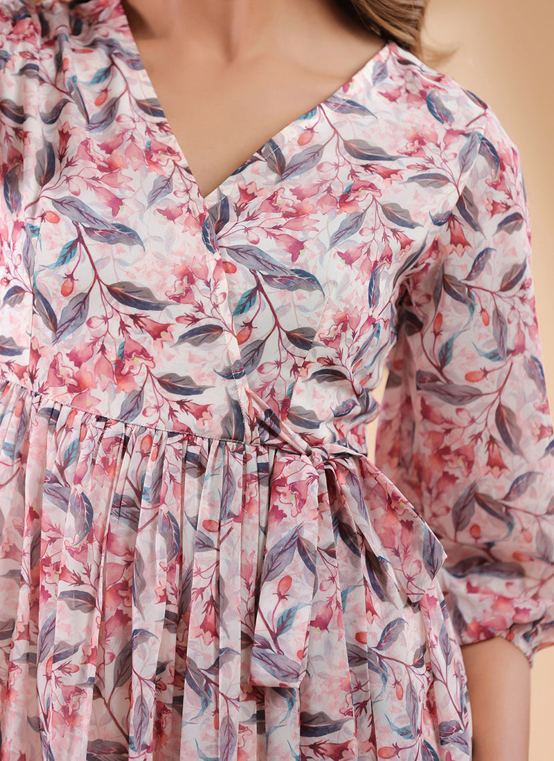 Cream Georgette Floral Printed Casual Wear Midi Dress
