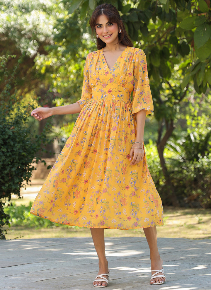 Mustard Georgette Floral Printed Midi Dress For Party