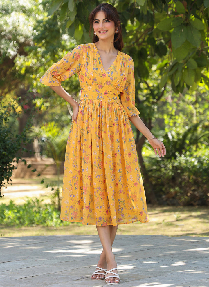 Mustard Georgette Floral Printed Midi Dress For Party