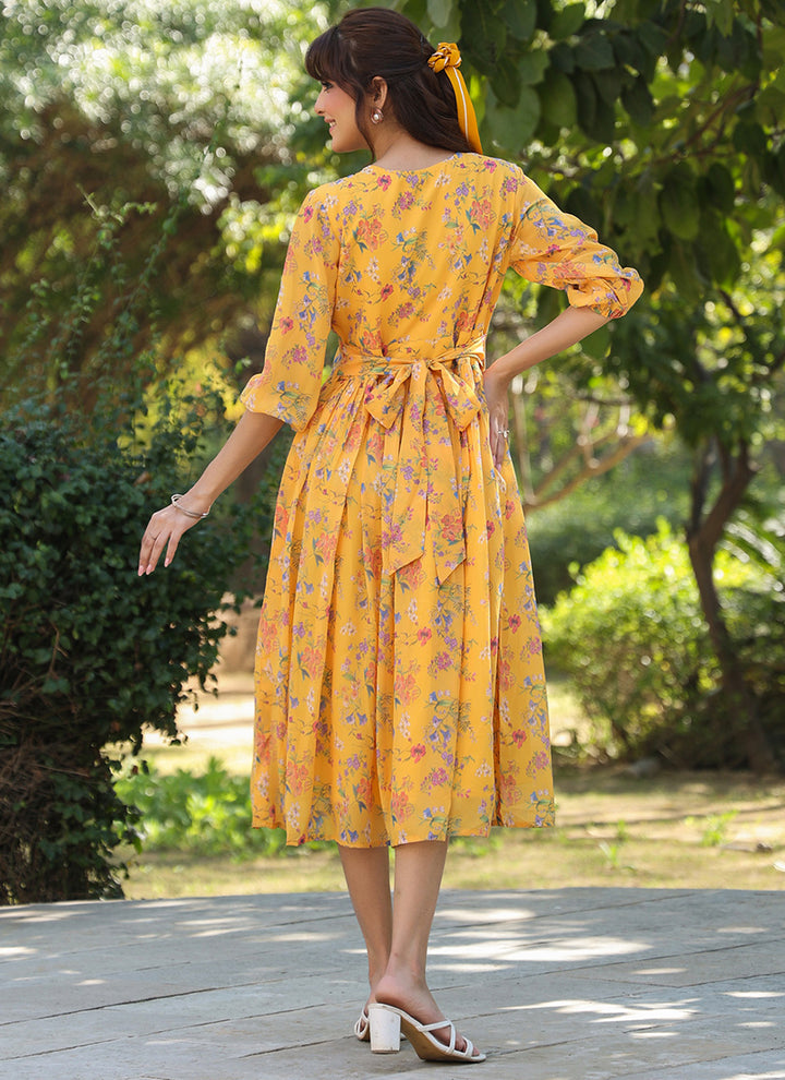 Mustard Georgette Floral Printed Midi Dress For Party