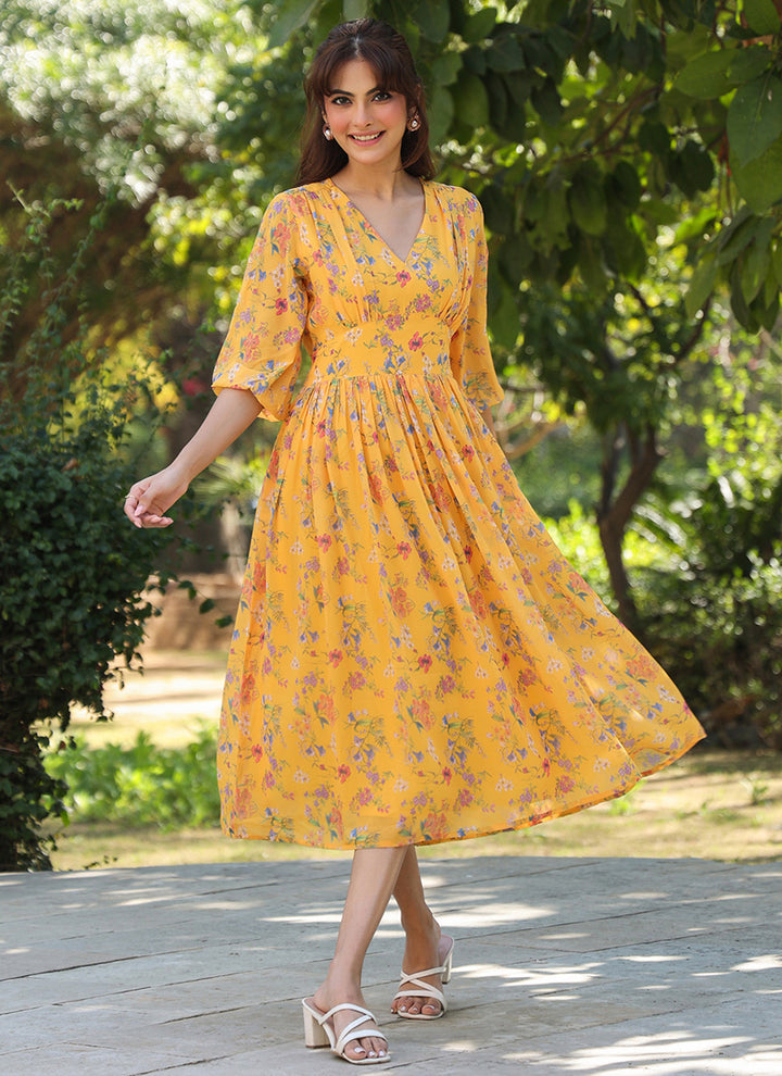 Mustard Georgette Floral Printed Midi Dress For Party