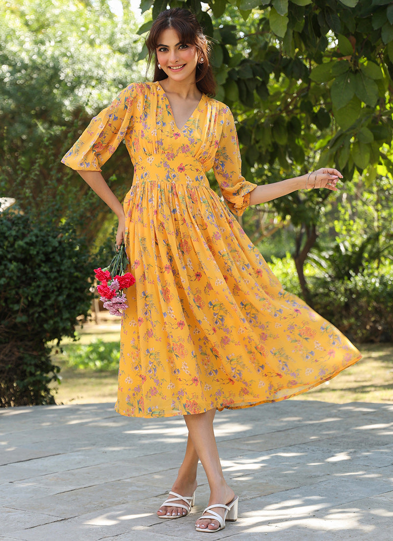 Mustard Georgette Floral Printed Midi Dress For Party