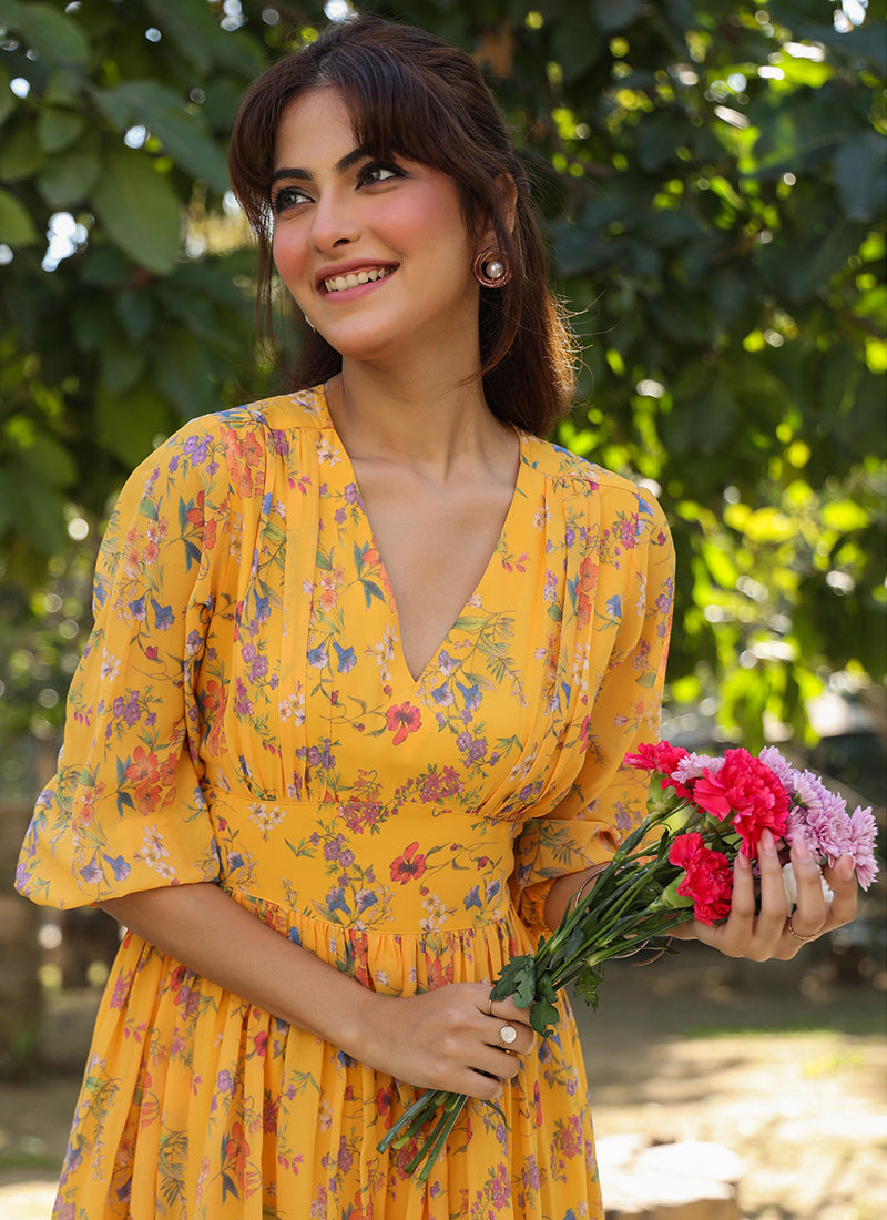 Mustard Georgette Floral Printed Midi Dress For Party