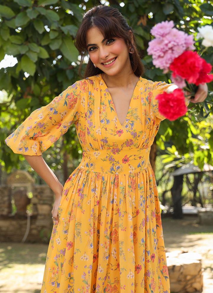 Mustard Georgette Floral Printed Midi Dress For Party