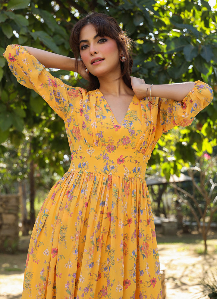 Mustard Georgette Floral Printed Midi Dress For Party