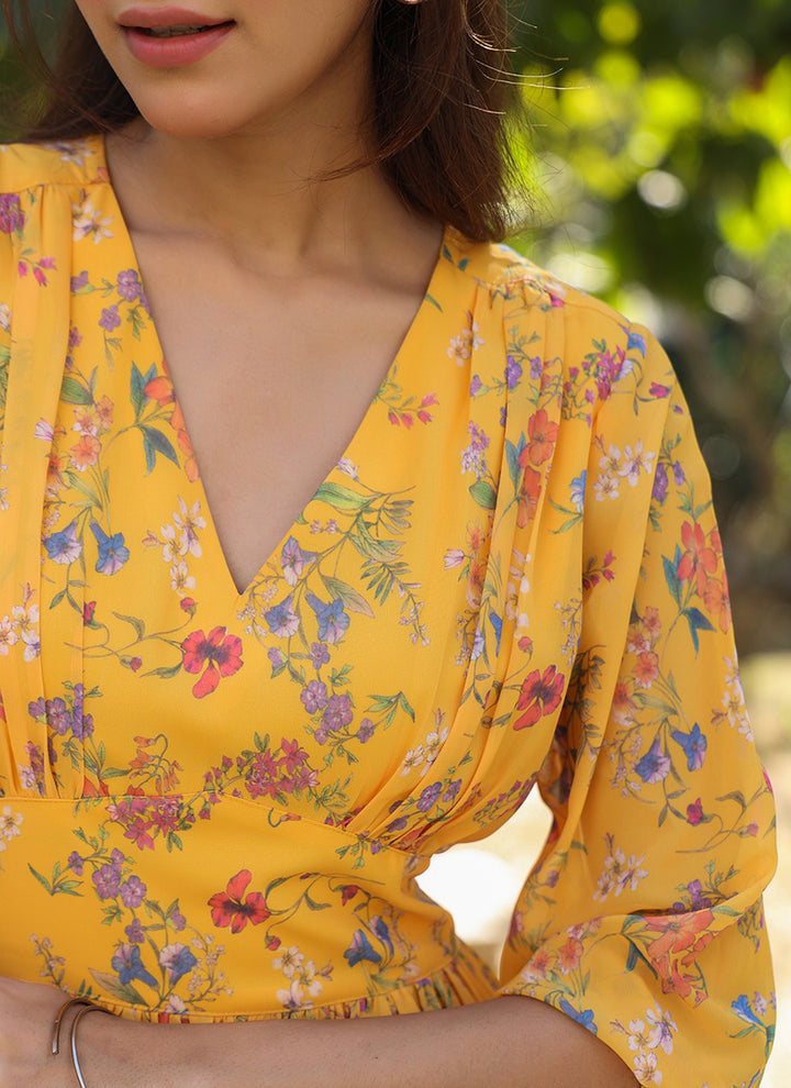 Mustard Georgette Floral Printed Midi Dress For Party