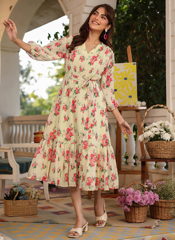 Light Yellow Georgette Flower Printed Midi Dress