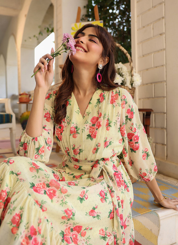 Light Yellow Georgette Flower Printed Midi Dress