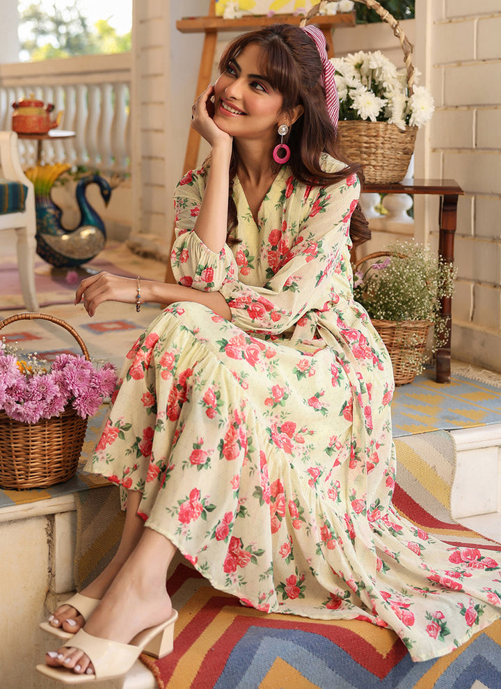 Light Yellow Georgette Flower Printed Midi Dress