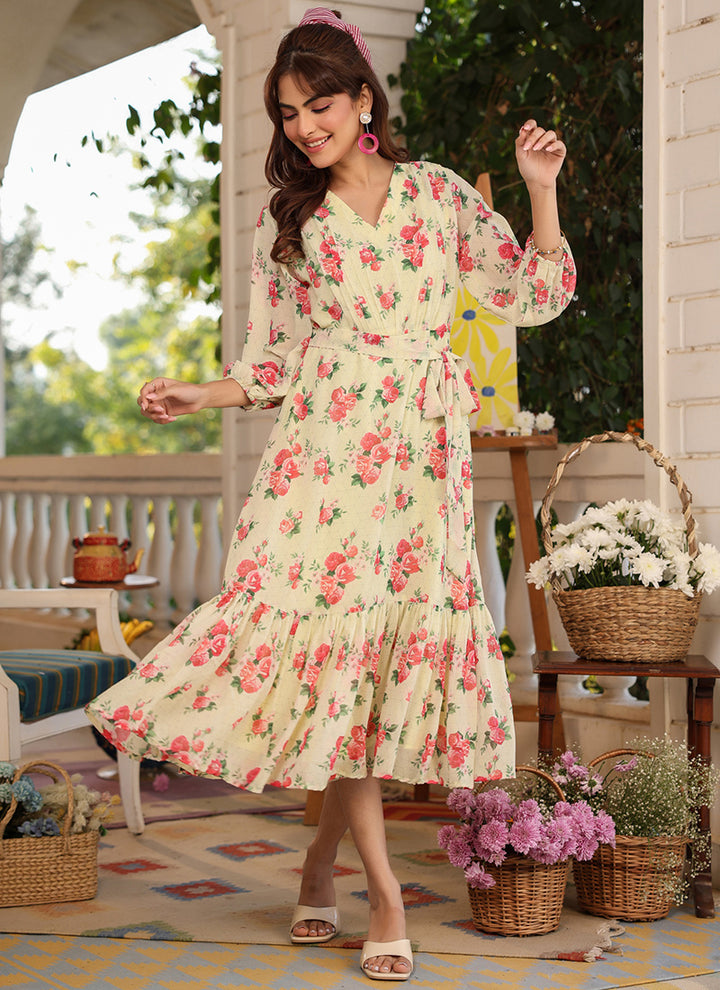 Light Yellow Georgette Flower Printed Midi Dress